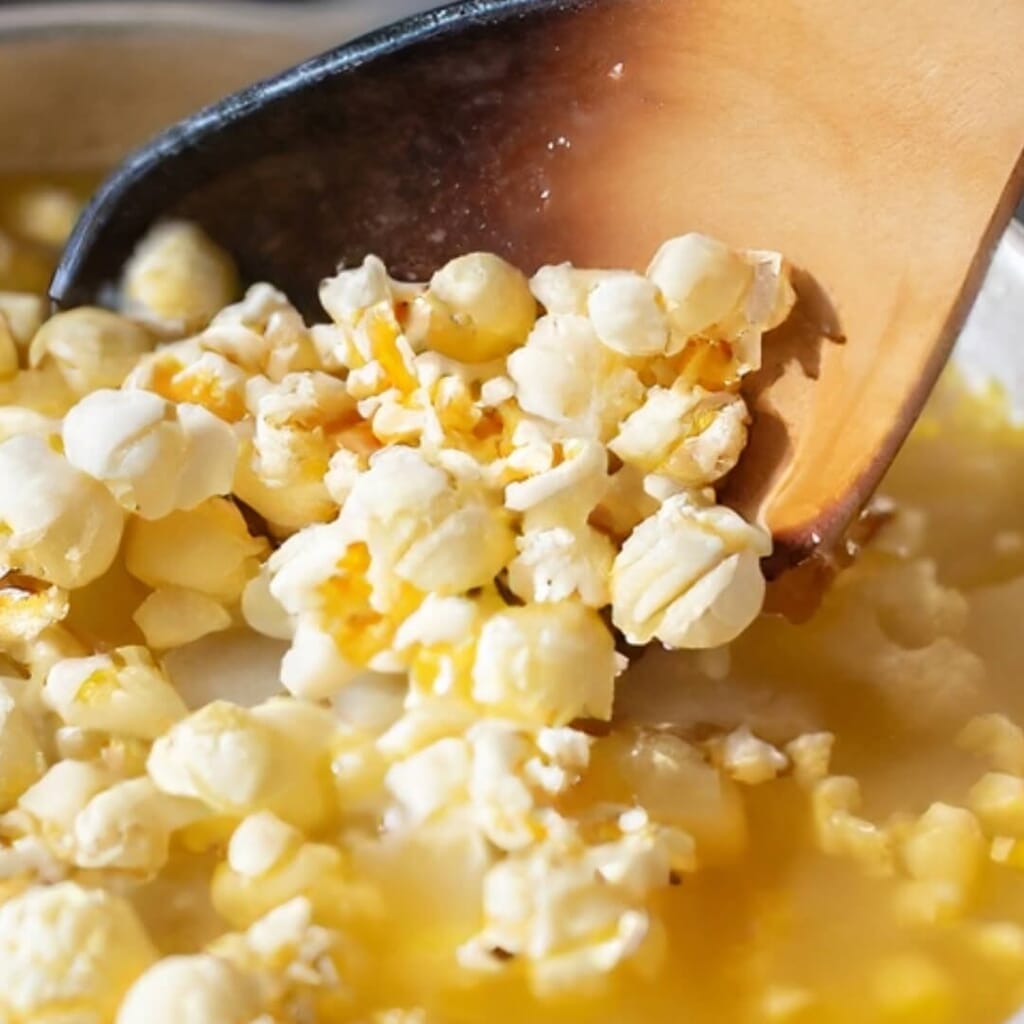 closeup of popcorn soup