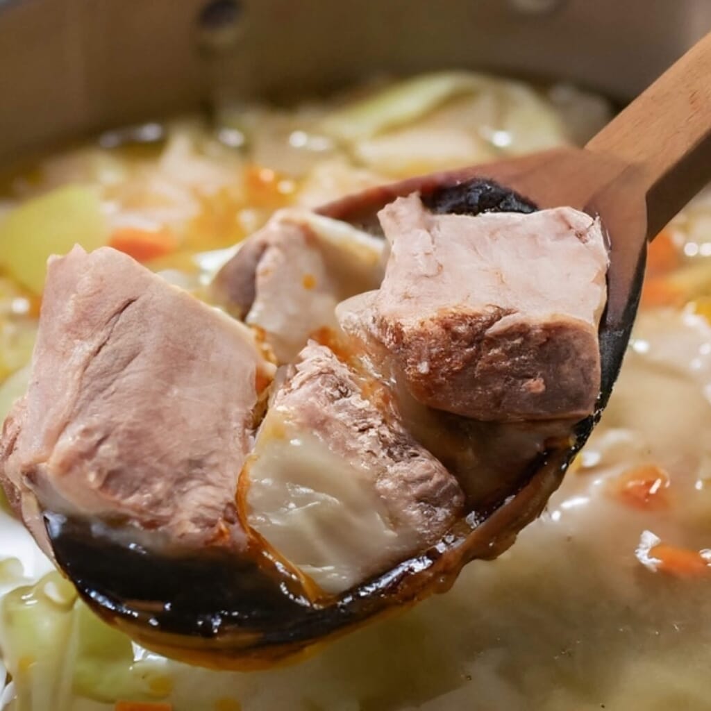 Pork Cabbage Soup in spoon